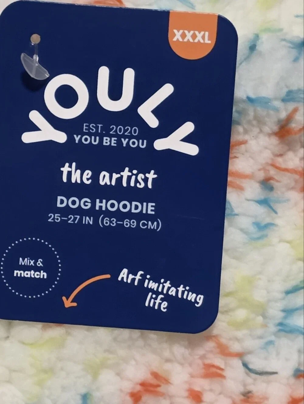 Youly NWT The Artist Dog Hoodie Fluffy White W/MultiColor Confetti Print XXXL